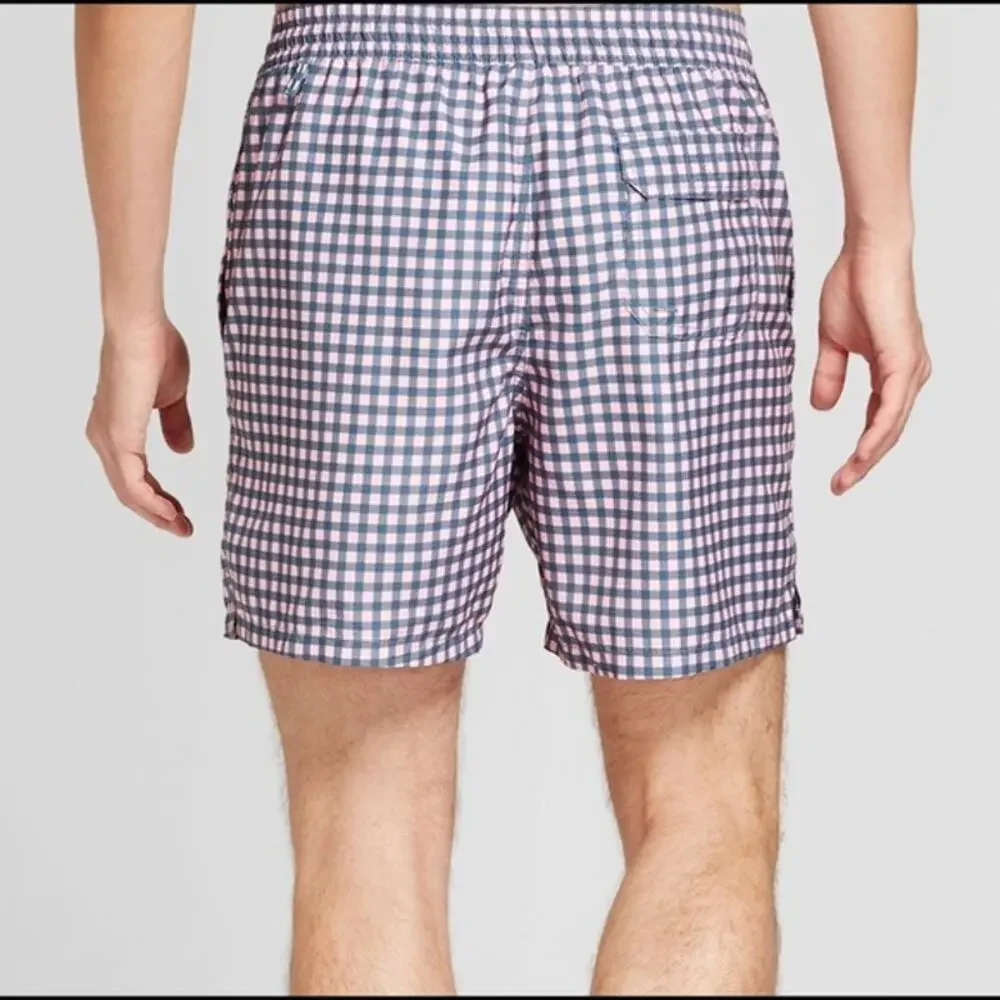 Goodfellow Men's Pink Navy Blue Check Plaid Gingham Swim Trunks Size Large